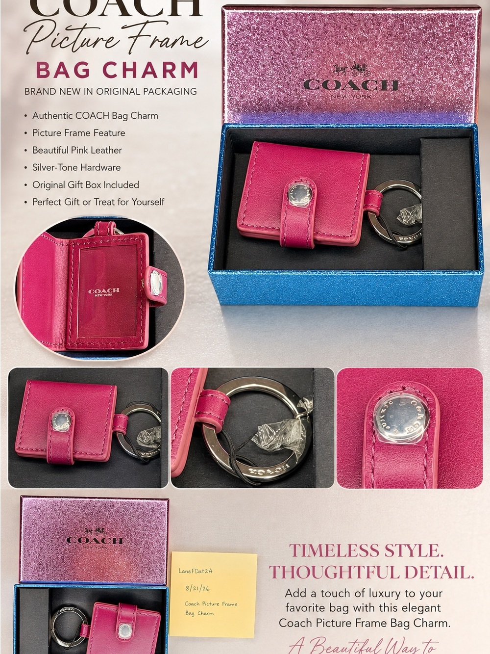 Coach Pink Leather Picture Frame Bag Charm Key Holder